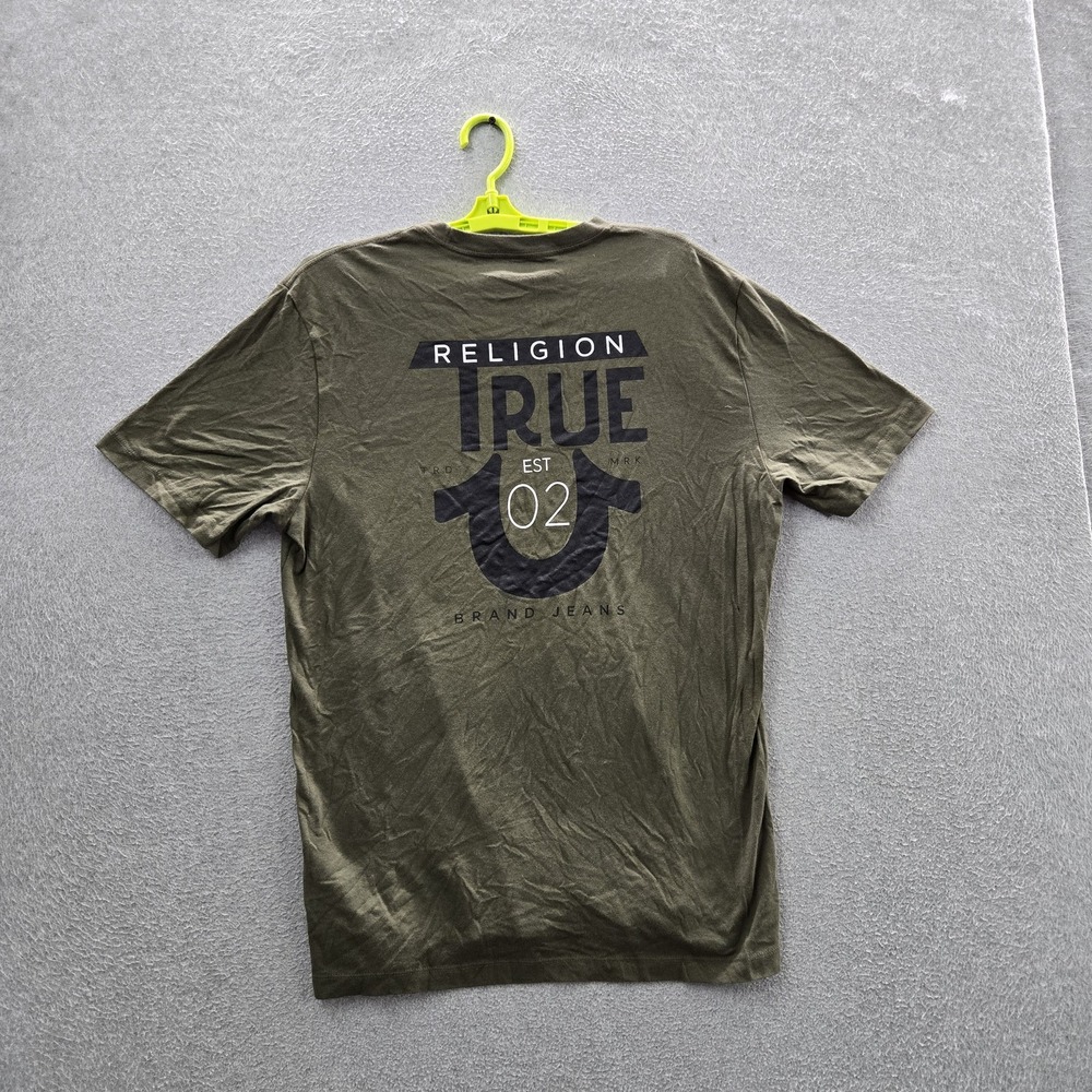 True Religion Men Shirt LARGE Olive Green Graphic Logo Short Sleeve